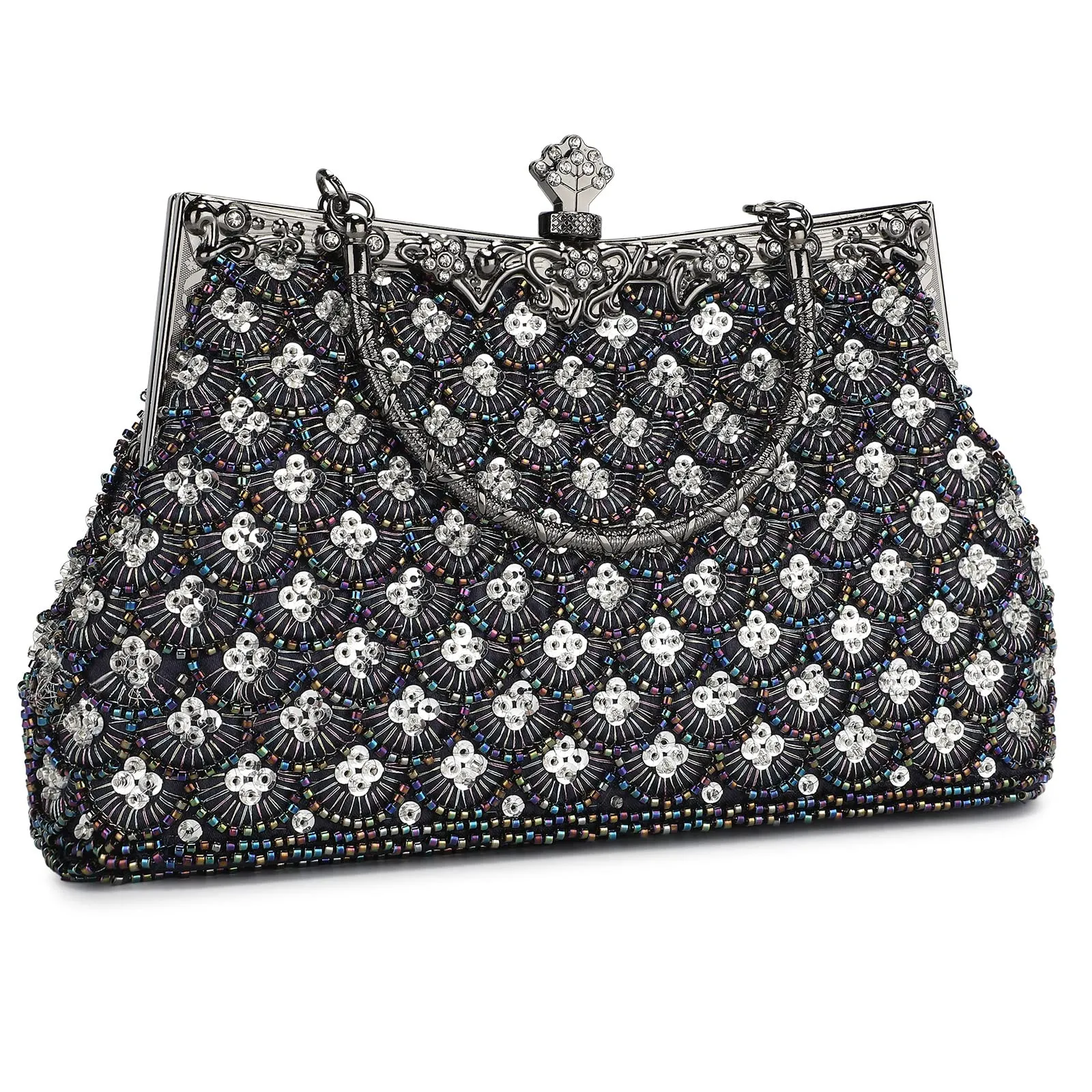 Women Vintage Floral Beaded Rhinestone Embroidery Clutch Evening Handbag Wedding Party Purse Vintage Bags