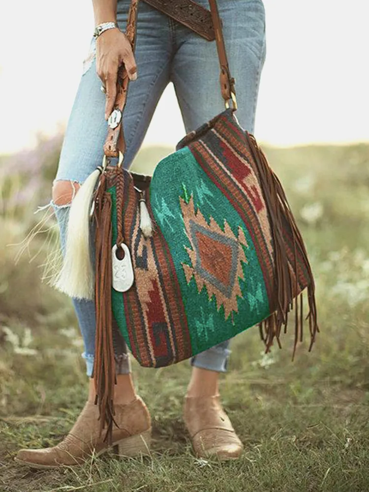 Vintage Saddle Blanket & Leather Fringe Handbag