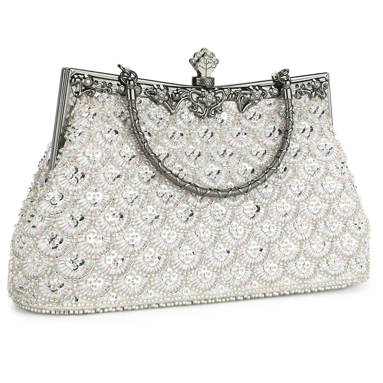 Women Vintage Floral Beaded Rhinestone Embroidery Clutch Evening Handbag Wedding Party Purse Vintage Bags