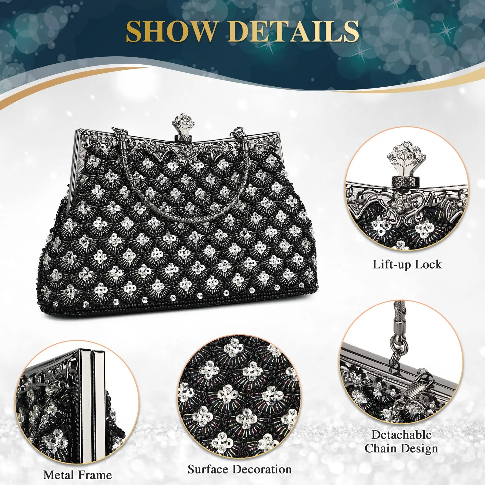 Women Vintage Floral Beaded Rhinestone Embroidery Clutch Evening Handbag Wedding Party Purse Vintage Bags