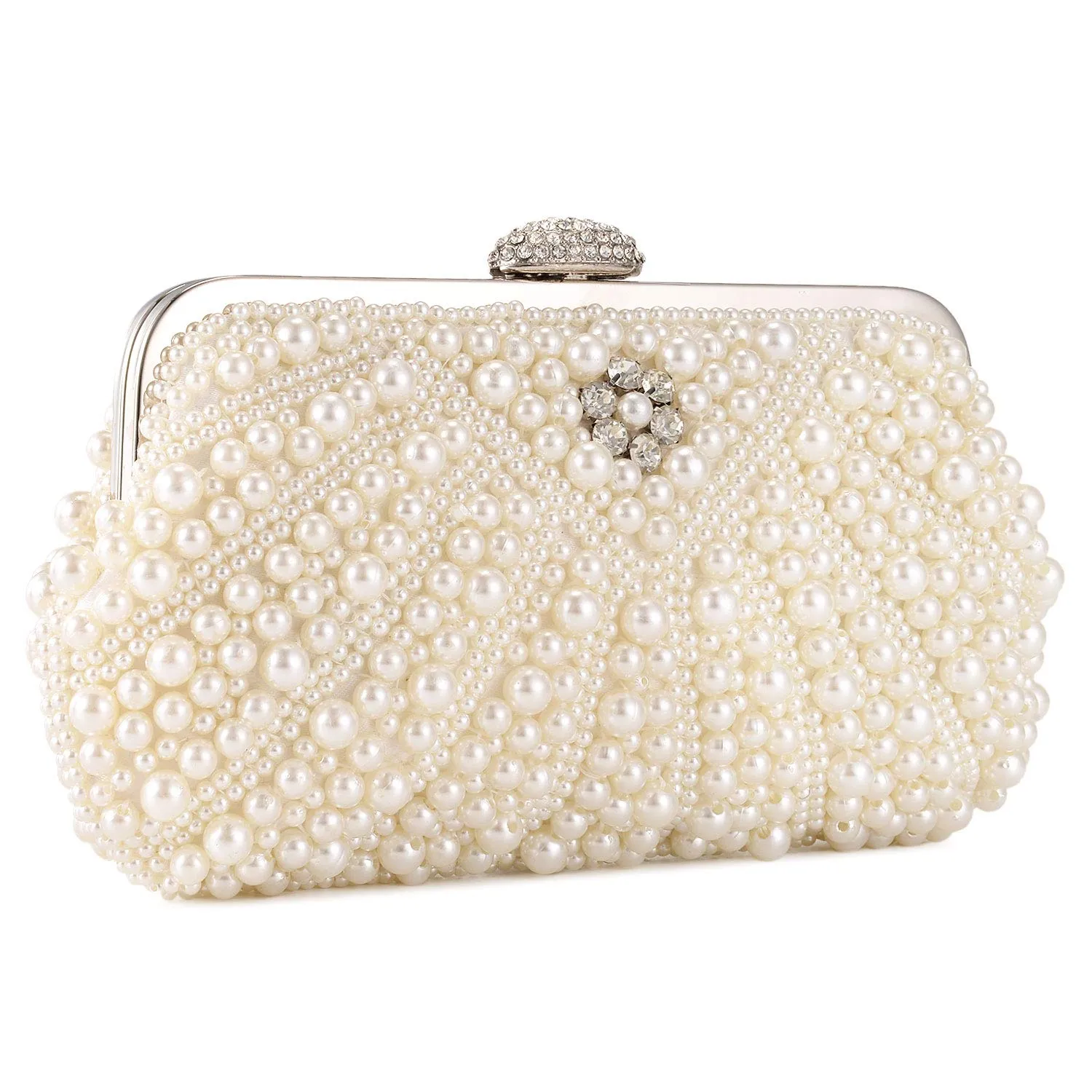 Women Pearl Clutch Bag Noble Crystal Beaded Evening Bag Wedding Clutch with Pearl Chain