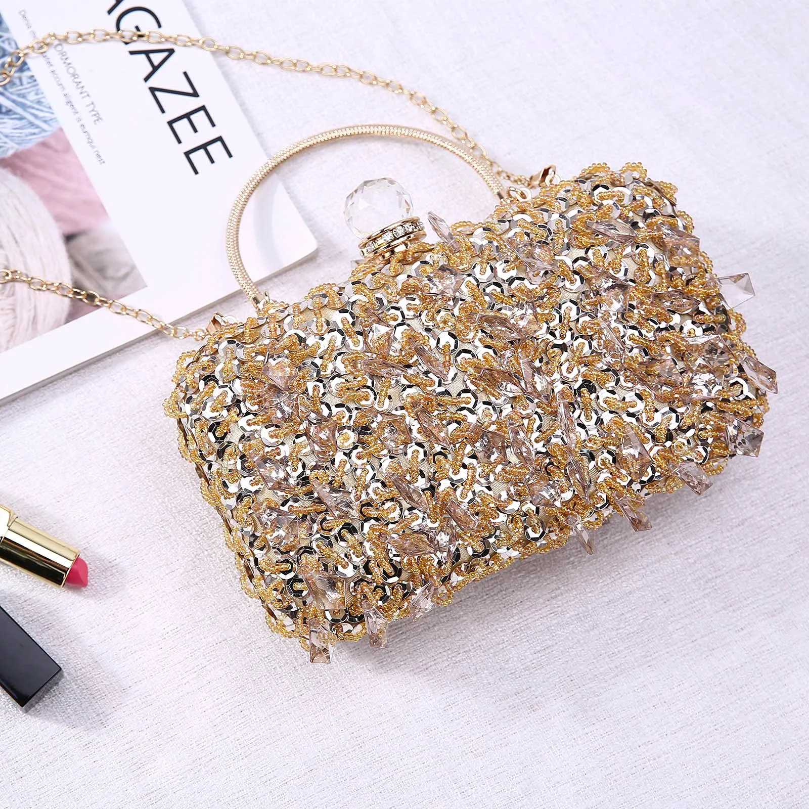 Women Wedding Clutch Rhinestone Bling Sequin Evening Bags Vintage Crystal Beaded Cocktail Party Party Purse