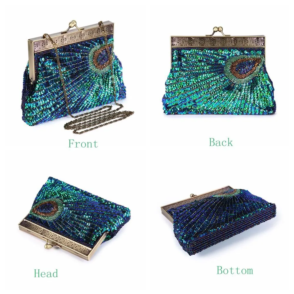 Beaded Sequin Peacock Evening Clutch Bags Party Wedding Purse