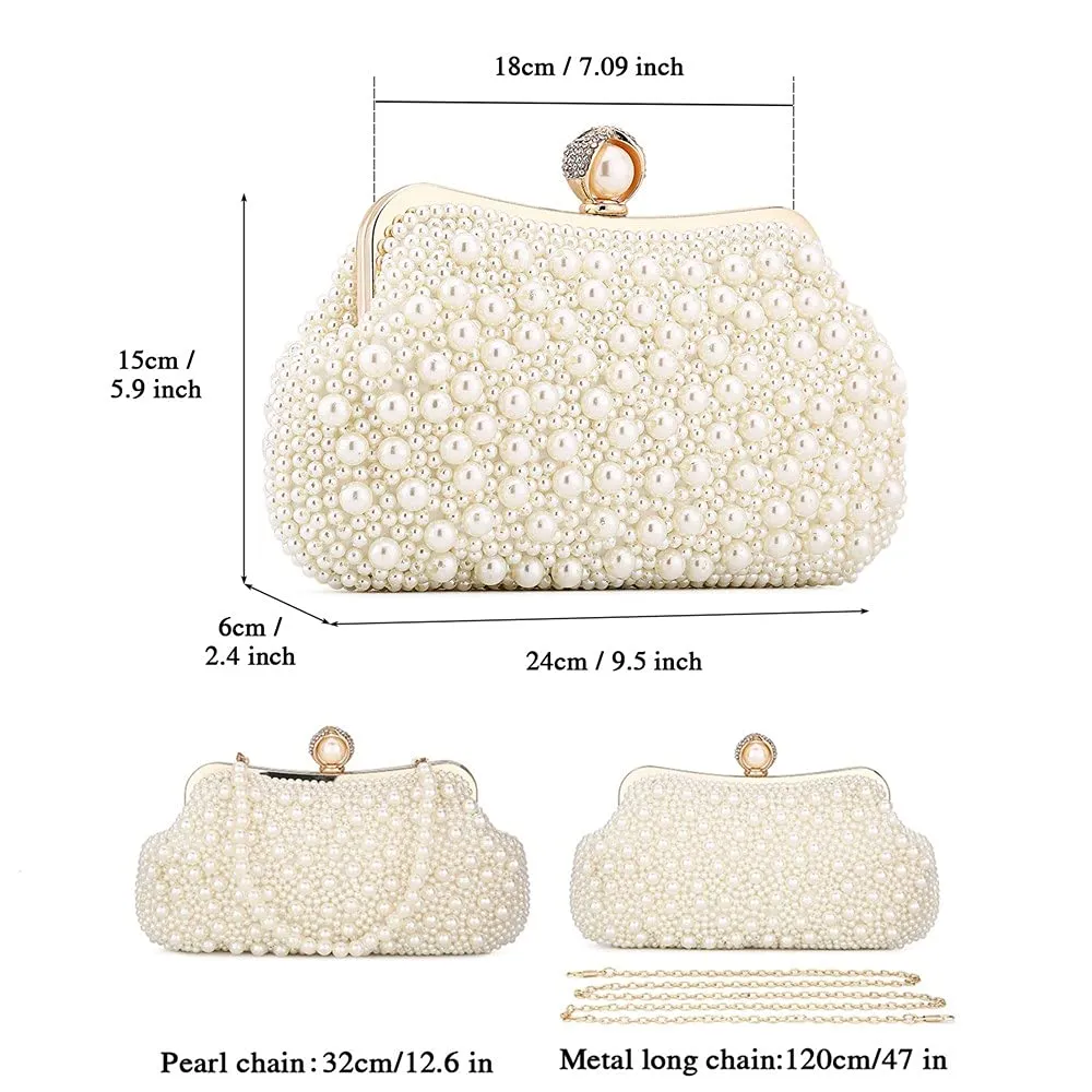 Women Pearl Clutch Bag Noble Crystal Beaded Evening Bag Wedding Clutch with Pearl Chain