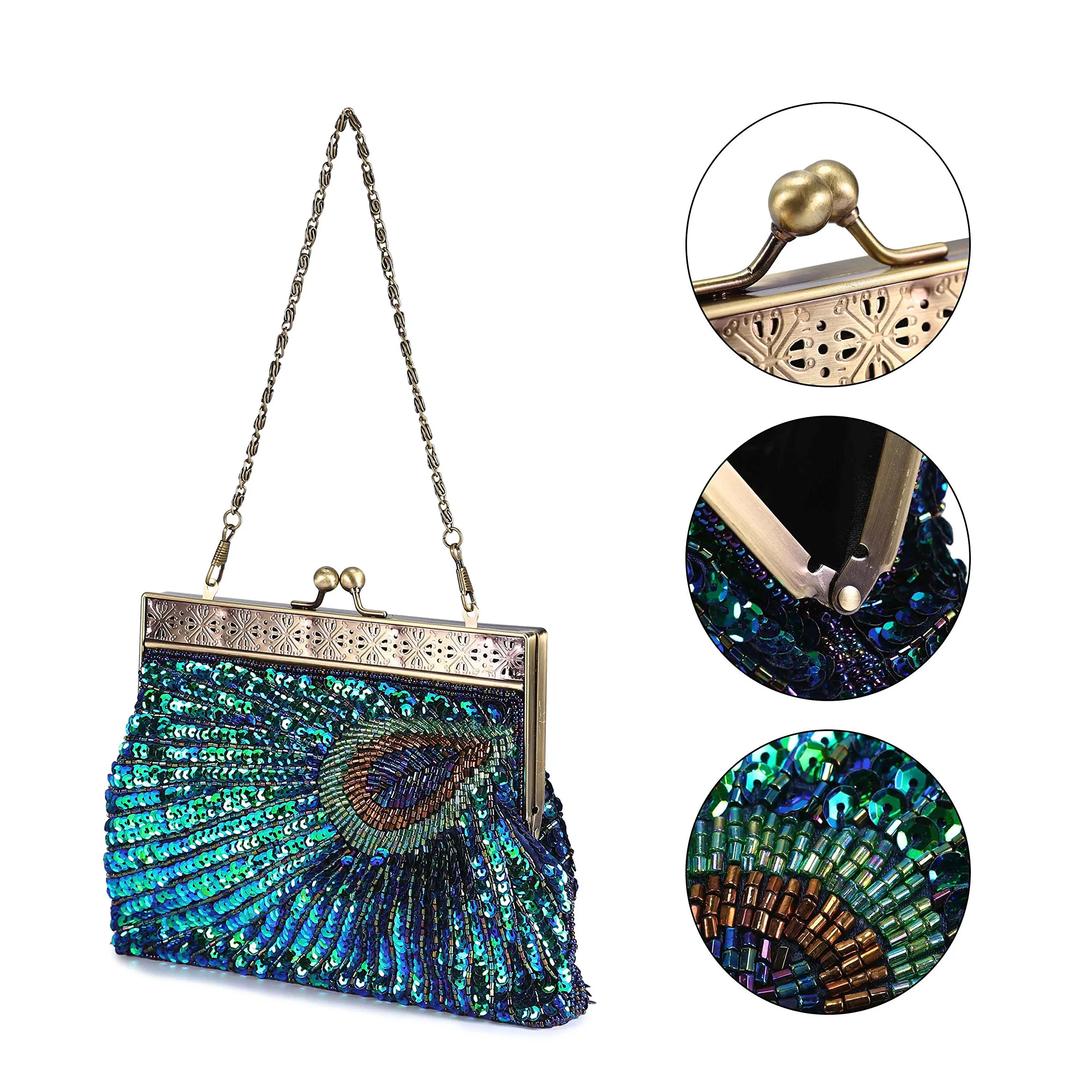 Beaded Sequin Peacock Evening Clutch Bags Party Wedding Purse