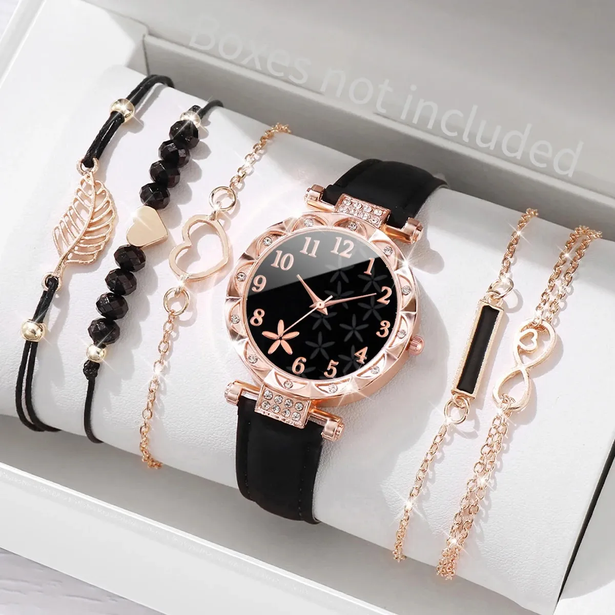 6PCS/Set Fashion Rhinestone Women Watches Heart Leaf Bracelets Set Female Flower Dial Leather Band Quartz Watch（Without Box）