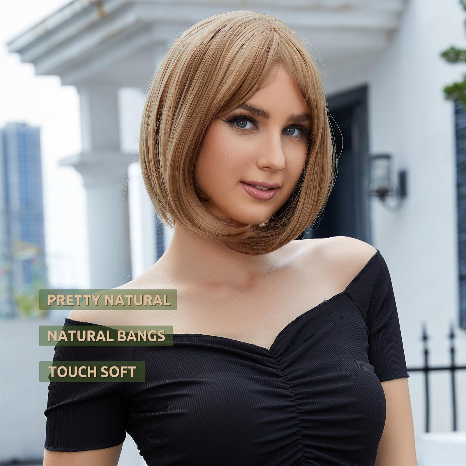 Short Orange Mixed Auburn Highlight Bob Wigs for White Women with Bangs Straight Ombre Orange Wig with Dark Roots Shoulder Length Heat Resistant Synthetic Hair Wig for Cosplay Party