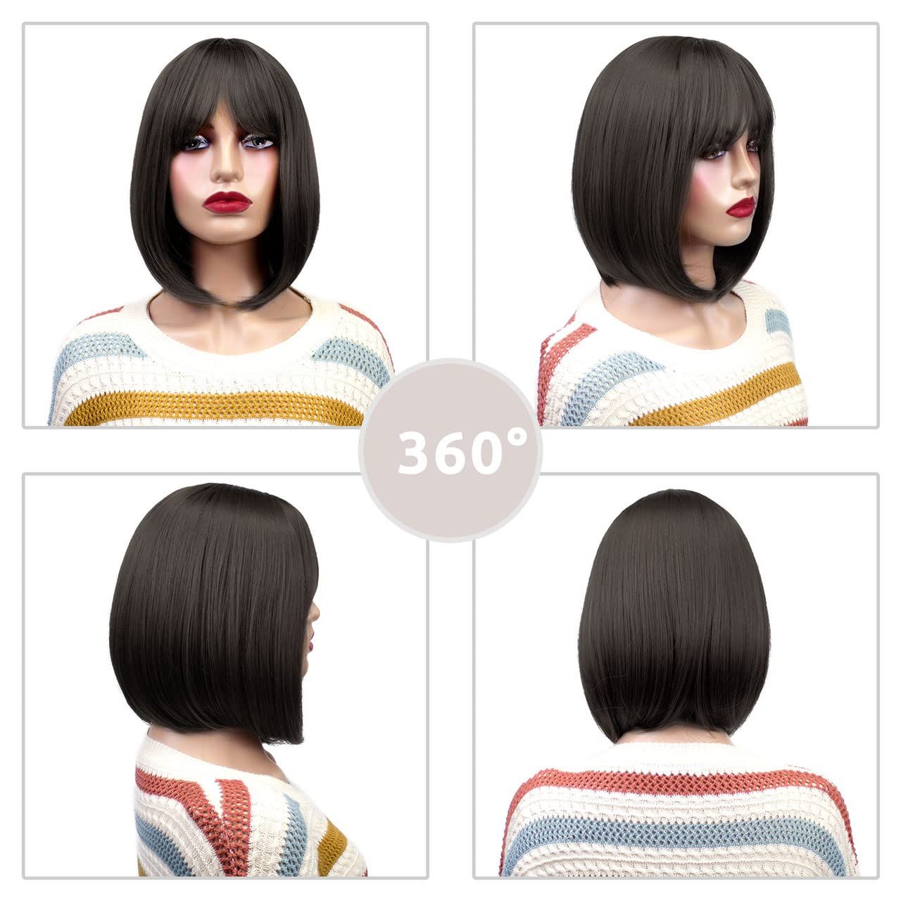 Short Orange Mixed Auburn Highlight Bob Wigs for White Women with Bangs Straight Ombre Orange Wig with Dark Roots Shoulder Length Heat Resistant Synthetic Hair Wig for Cosplay Party