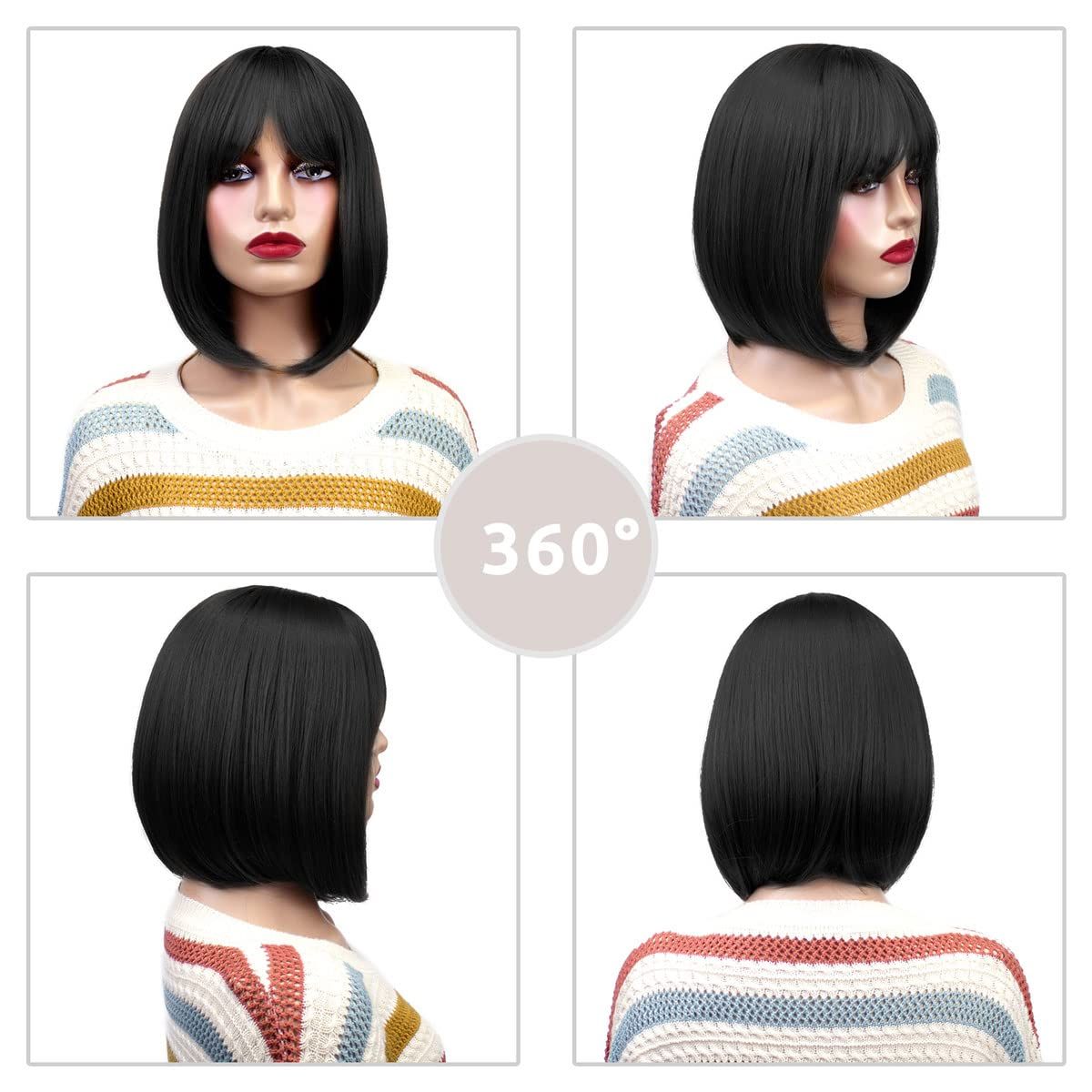 Short Orange Mixed Auburn Highlight Bob Wigs for White Women with Bangs Straight Ombre Orange Wig with Dark Roots Shoulder Length Heat Resistant Synthetic Hair Wig for Cosplay Party