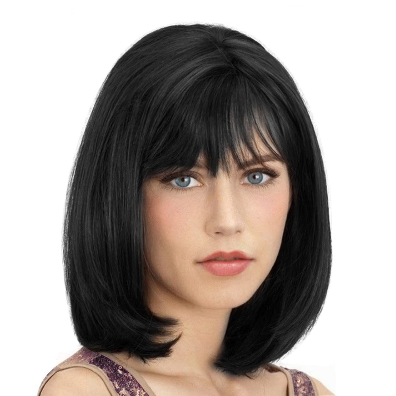 Short Orange Mixed Auburn Highlight Bob Wigs for White Women with Bangs Straight Ombre Orange Wig with Dark Roots Shoulder Length Heat Resistant Synthetic Hair Wig for Cosplay Party