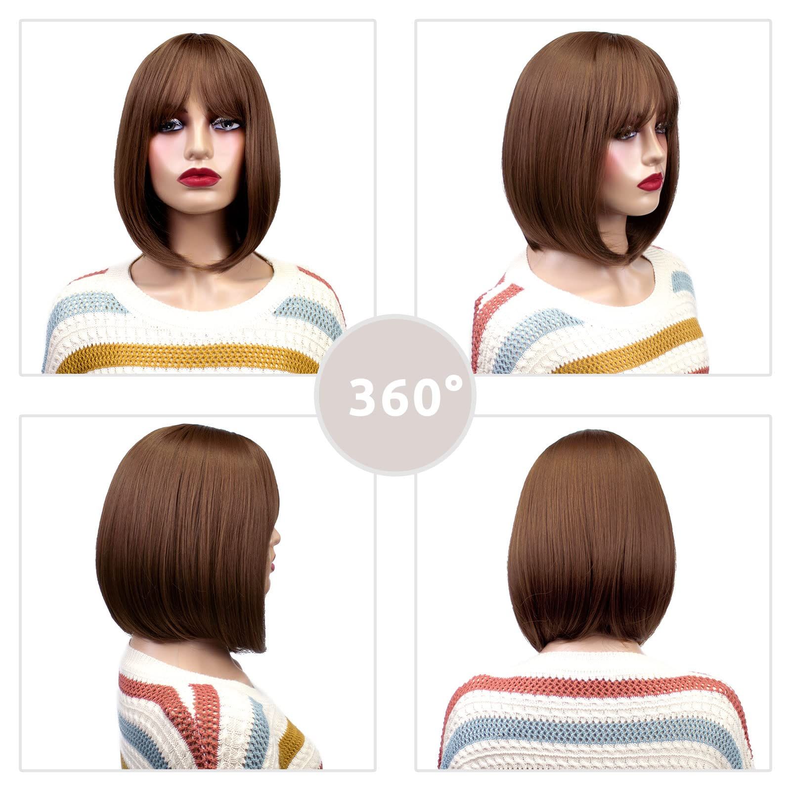 Short Orange Mixed Auburn Highlight Bob Wigs for White Women with Bangs Straight Ombre Orange Wig with Dark Roots Shoulder Length Heat Resistant Synthetic Hair Wig for Cosplay Party