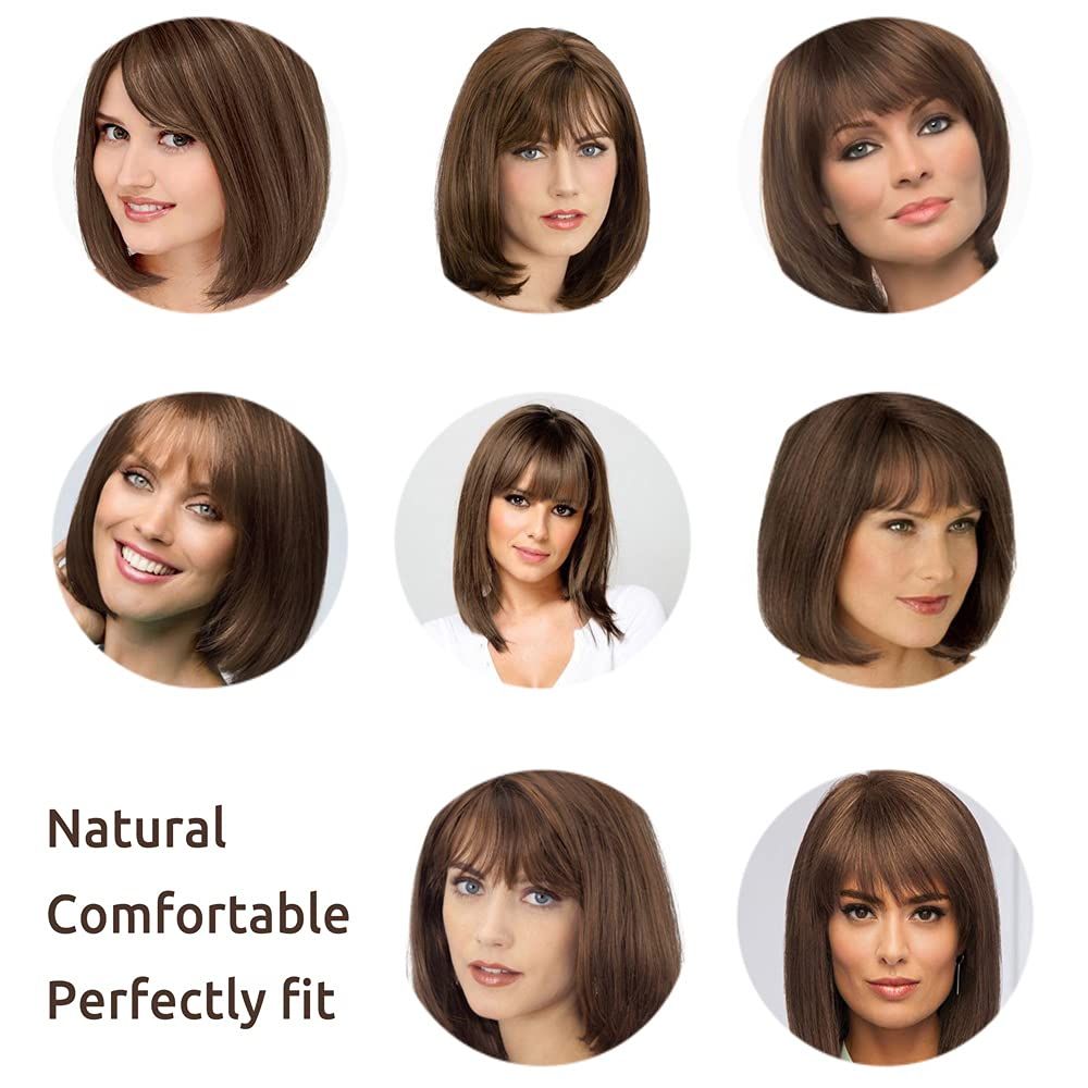 Short Orange Mixed Auburn Highlight Bob Wigs for White Women with Bangs Straight Ombre Orange Wig with Dark Roots Shoulder Length Heat Resistant Synthetic Hair Wig for Cosplay Party