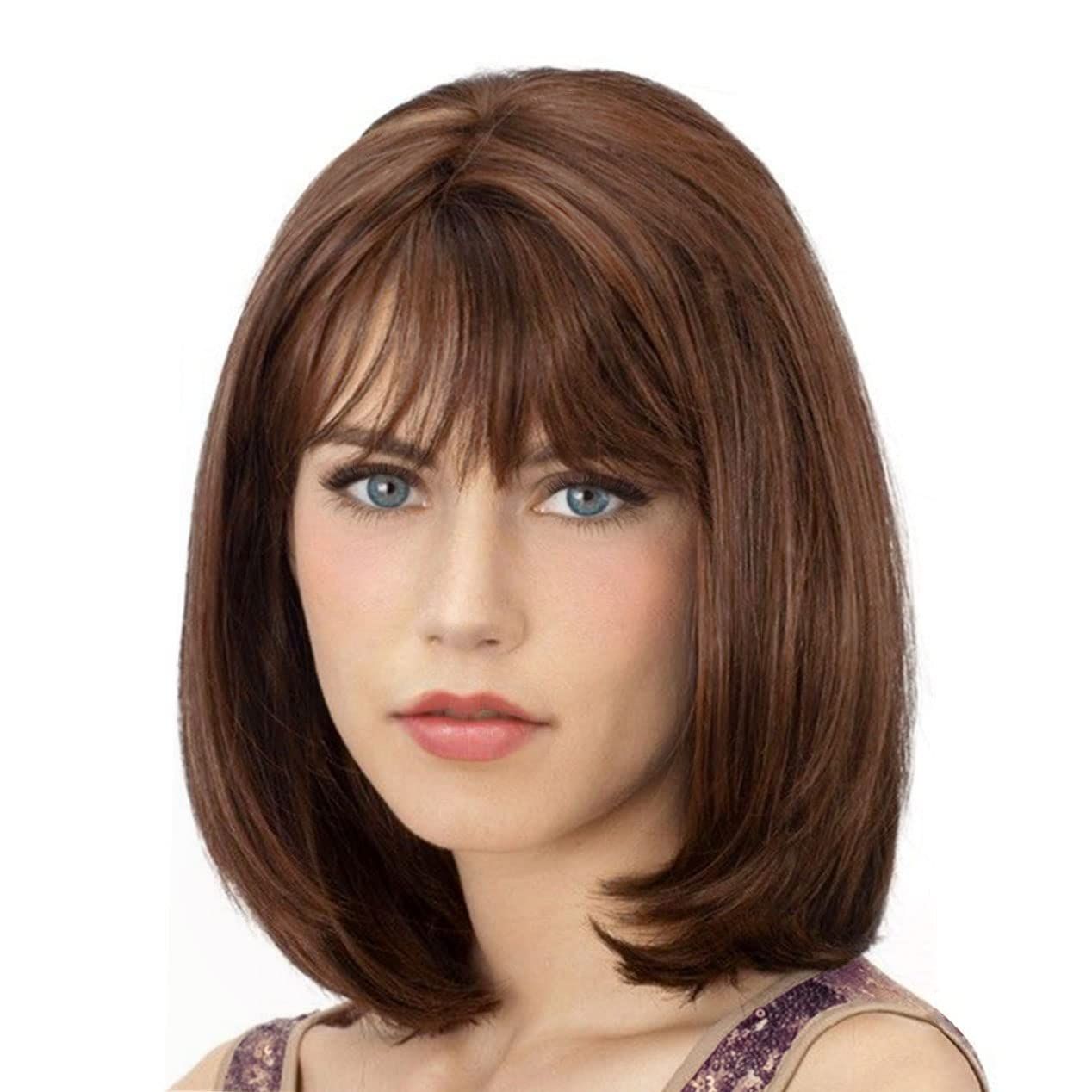 Short Orange Mixed Auburn Highlight Bob Wigs for White Women with Bangs Straight Ombre Orange Wig with Dark Roots Shoulder Length Heat Resistant Synthetic Hair Wig for Cosplay Party