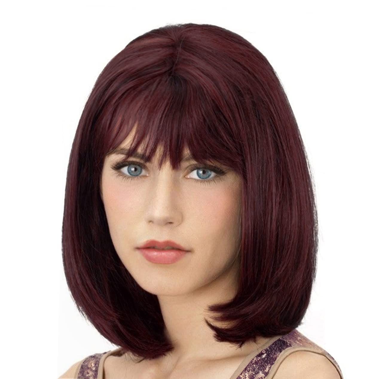 Short Orange Mixed Auburn Highlight Bob Wigs for White Women with Bangs Straight Ombre Orange Wig with Dark Roots Shoulder Length Heat Resistant Synthetic Hair Wig for Cosplay Party