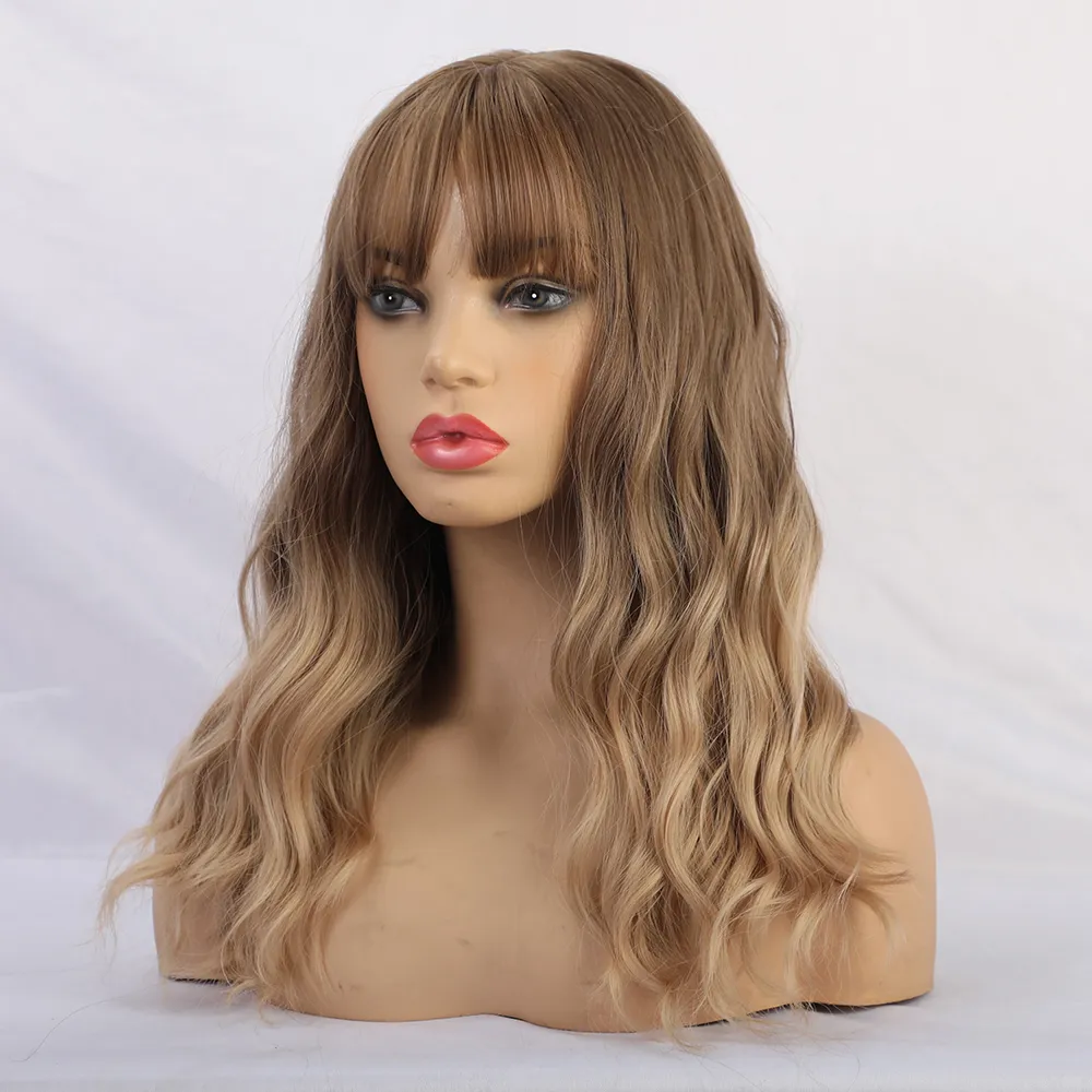 Long Brown Wavy Synthetic Hair With Bangs Women Wig 20 Inches