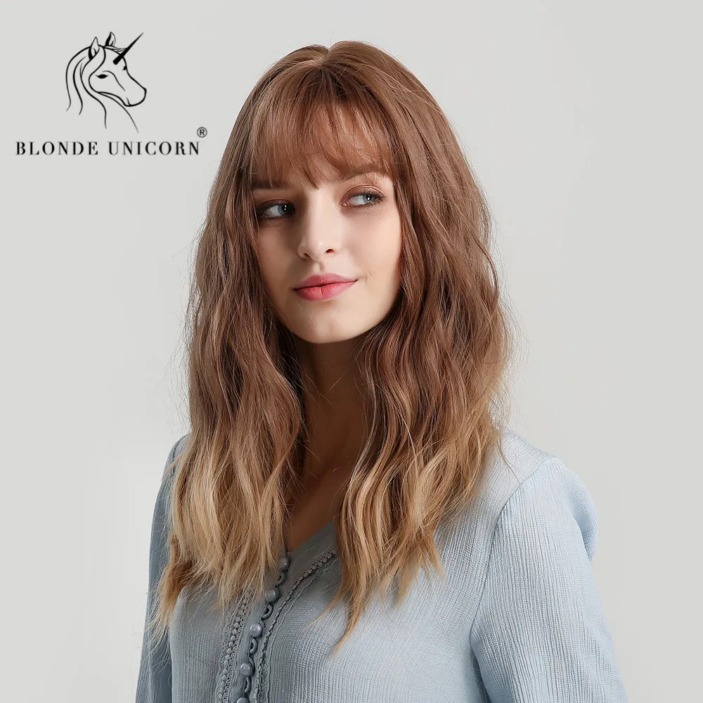 Long Brown Wavy Synthetic Hair With Bangs Women Wig 20 Inches