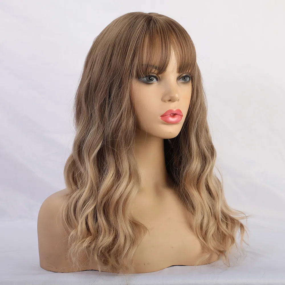 Long Brown Wavy Synthetic Hair With Bangs Women Wig 20 Inches