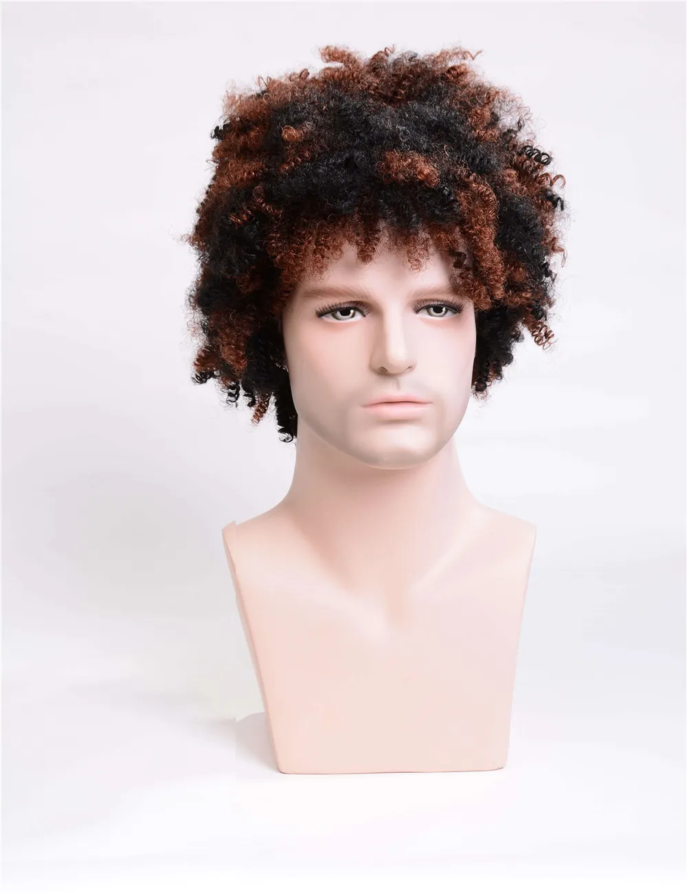 Men's Short Afro Curly Synthetic Hair Capless Wigs Black&Brown Mixed Color 12inch