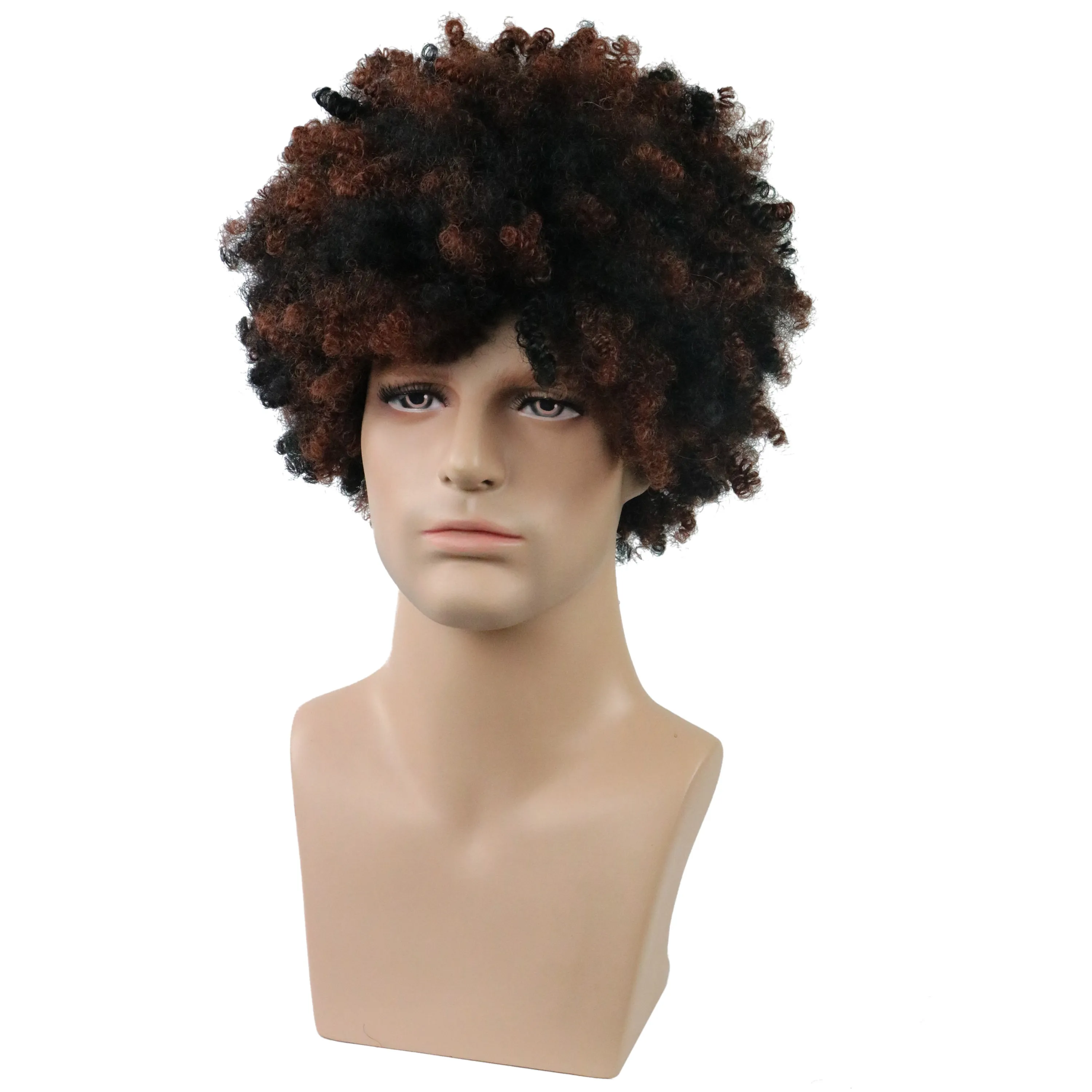 Men's Short Afro Curly Synthetic Hair Capless Wigs Black&Brown Mixed Color 12inch