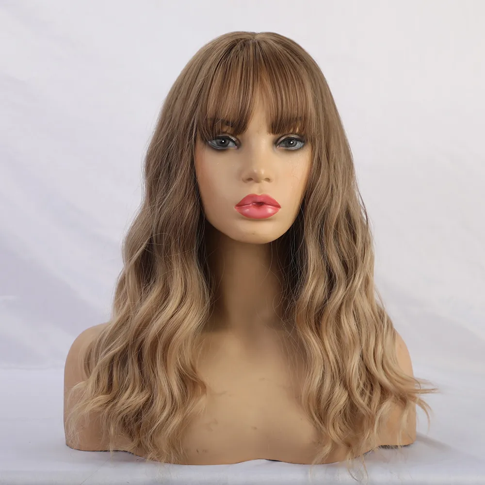 Long Brown Wavy Synthetic Hair With Bangs Women Wig 20 Inches