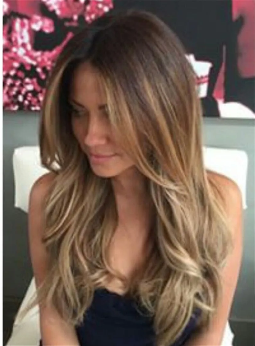 Balayage Hair Wavy Layered Human Hair Women Lace Front Wig 22 Inches