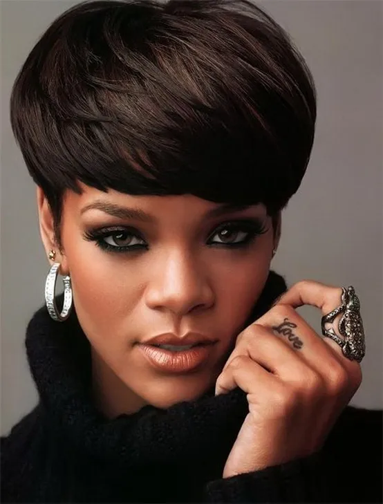 Rihanna Human Hair Short Straight Capless Wigs