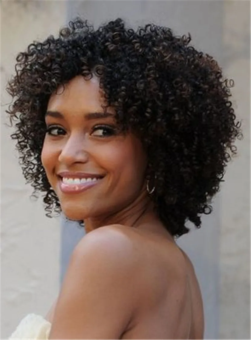 Kinky Curly Bob Center Part Synthetic Hair Medium African American Women Wigs Lace Front Cap 12 Inches