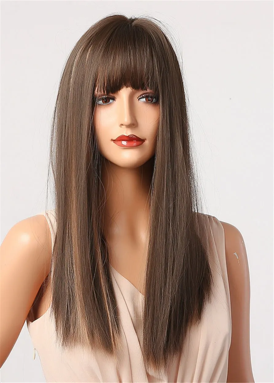 Mix Color Long Balayage Hair Ombre Synthetic Straight Hair Capless Wig With Bangs 28 Inches