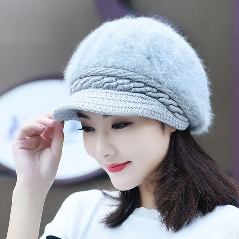 Women's Sweet Style Flocking Embellishment Plain Pattern Dome Crown Short Brim Knitted Hats