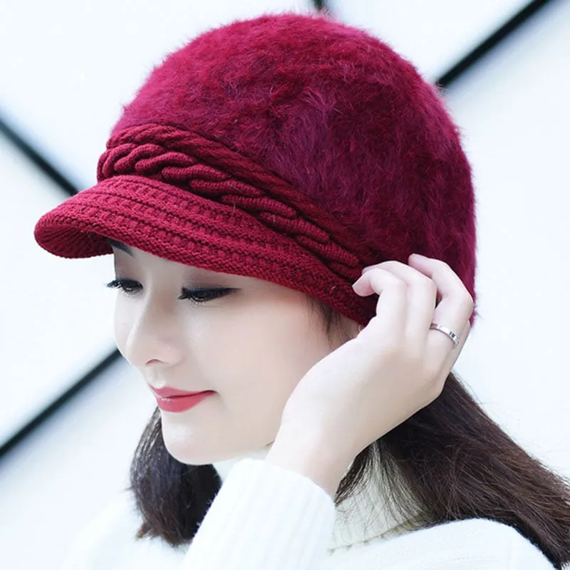 Women's Sweet Style Flocking Embellishment Plain Pattern Dome Crown Short Brim Knitted Hats