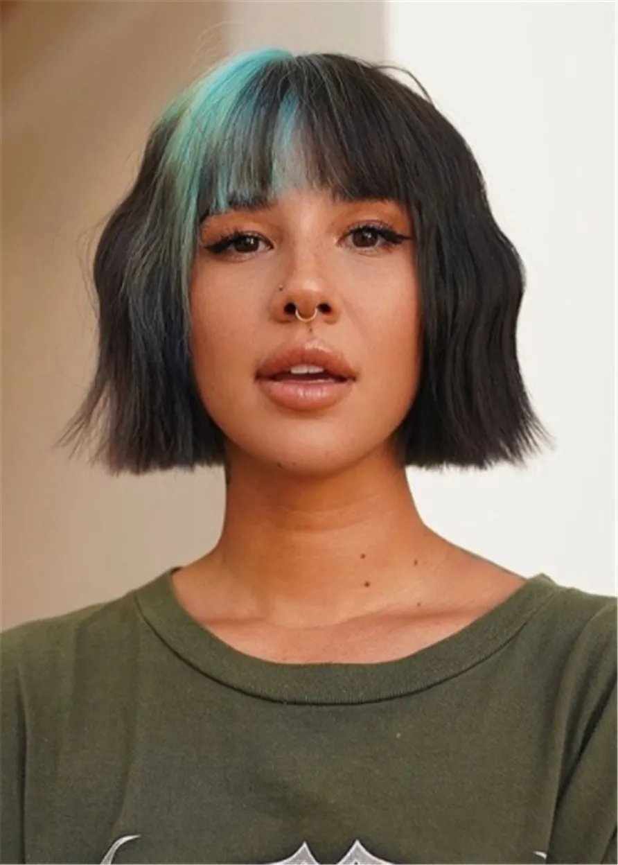 Women's Edgy Short Bob Haircuts Wavy Synthetic Hair With Hightlight Bangs 12 Inch