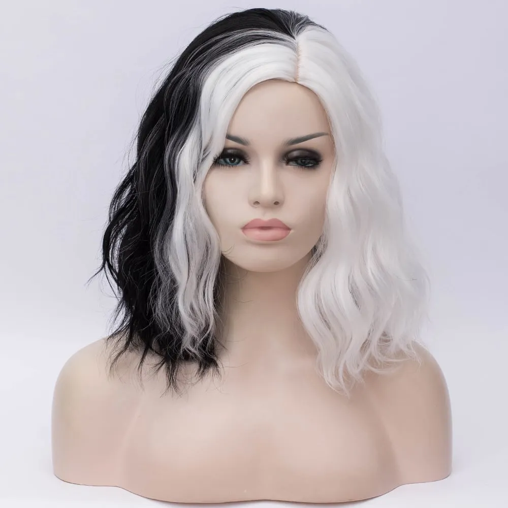 Medium Cruella Wig Black and White Synthetic Hair Wavy Bob Hairstyle