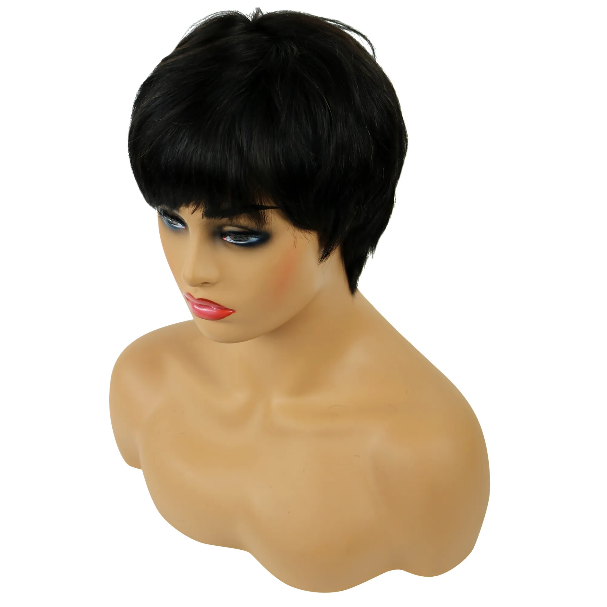 African American Pixie Short Straight Human Hair Capless Wigs