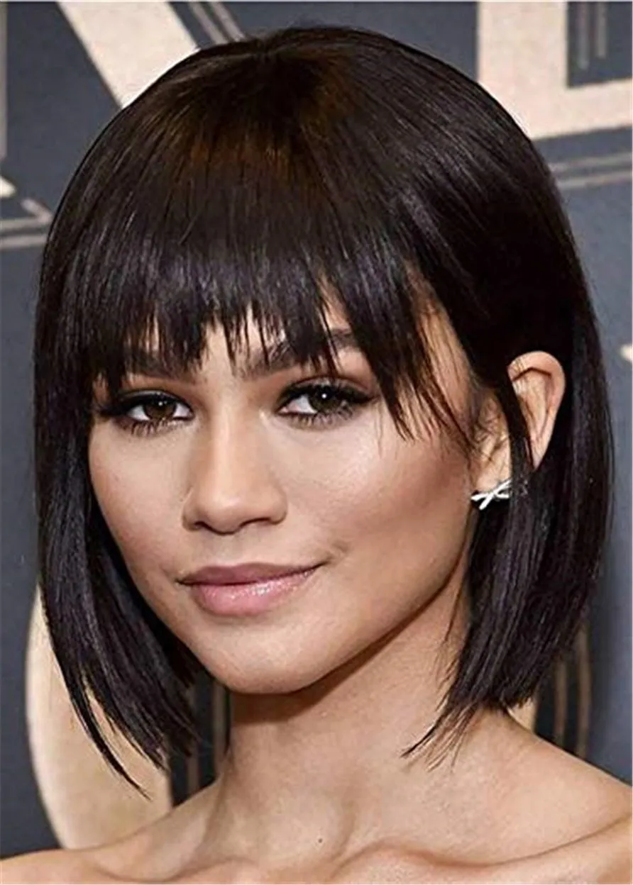 Short Bob Cut Straight Human Hair With Bangs Lace Front Wig 14 Inches