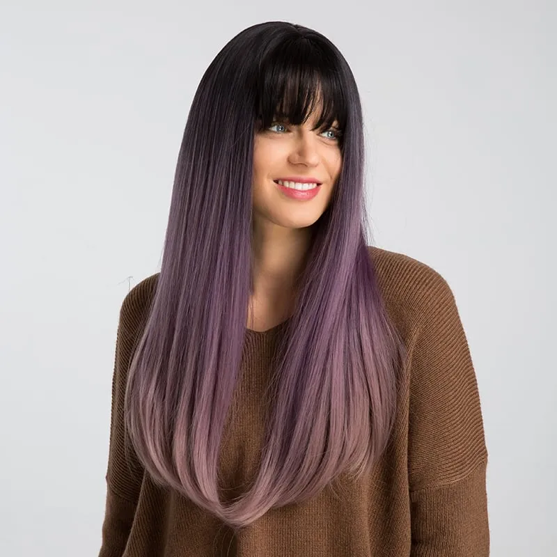 130% Density Long Straight Hair Wigs Black&Purple Color Synthetic Capless Wig 24inch