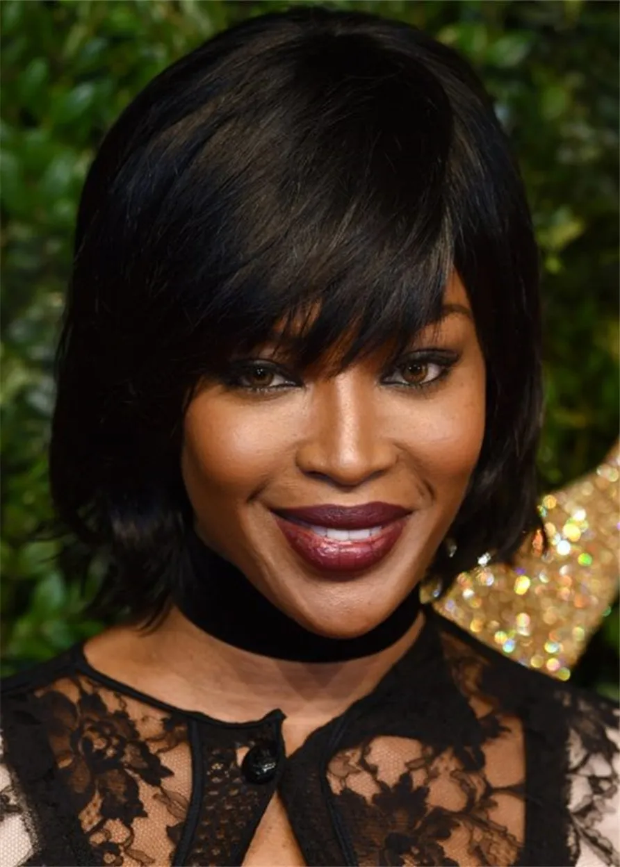 Bob With Fringe Naomi Campbell Hair Cut Natural Straight Human Hair Wig 12 Inches