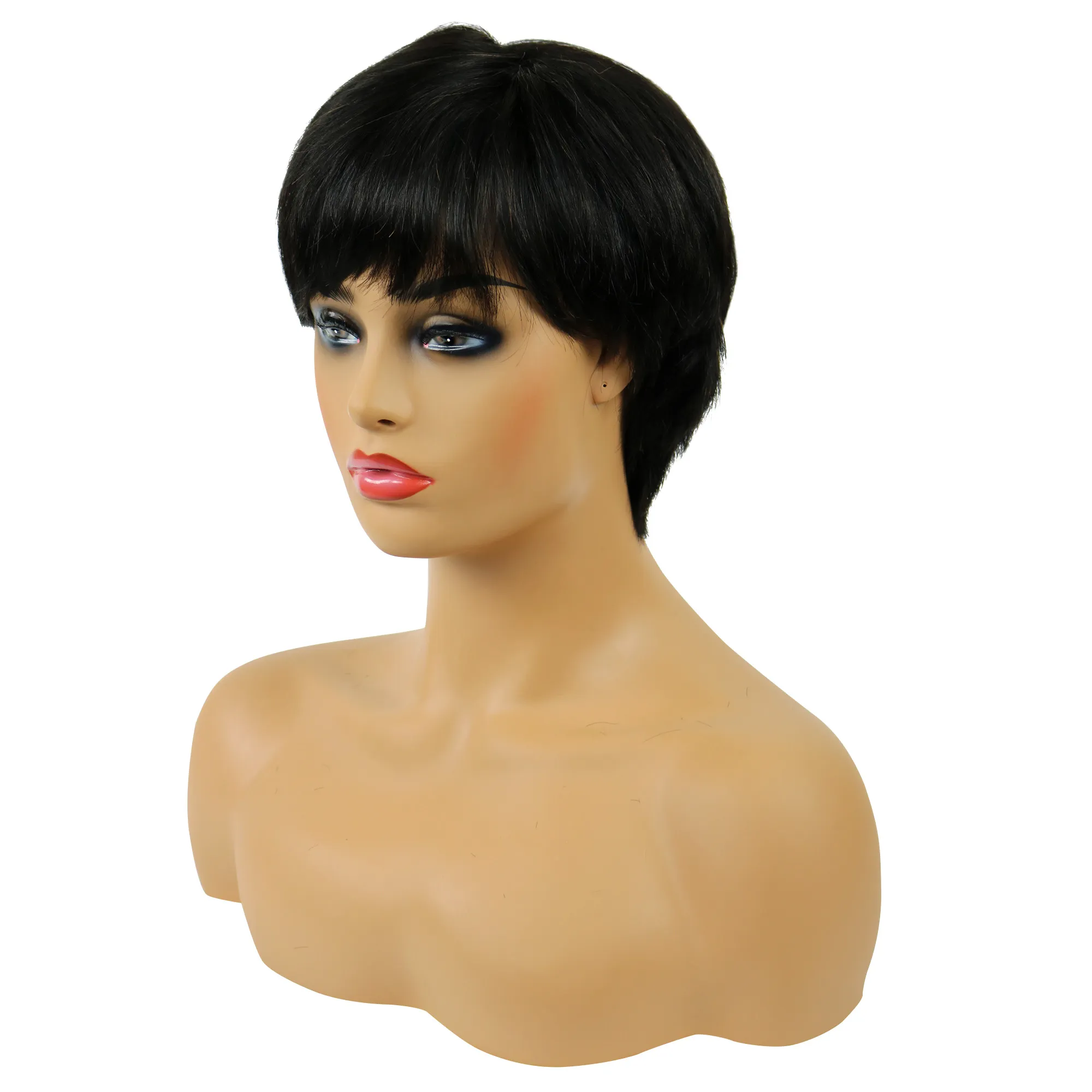 African American Pixie Short Straight Human Hair Capless Wigs