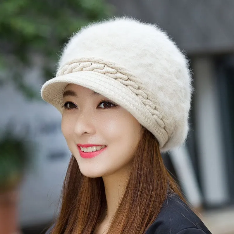 Women's Sweet Style Flocking Embellishment Plain Pattern Dome Crown Short Brim Knitted Hats