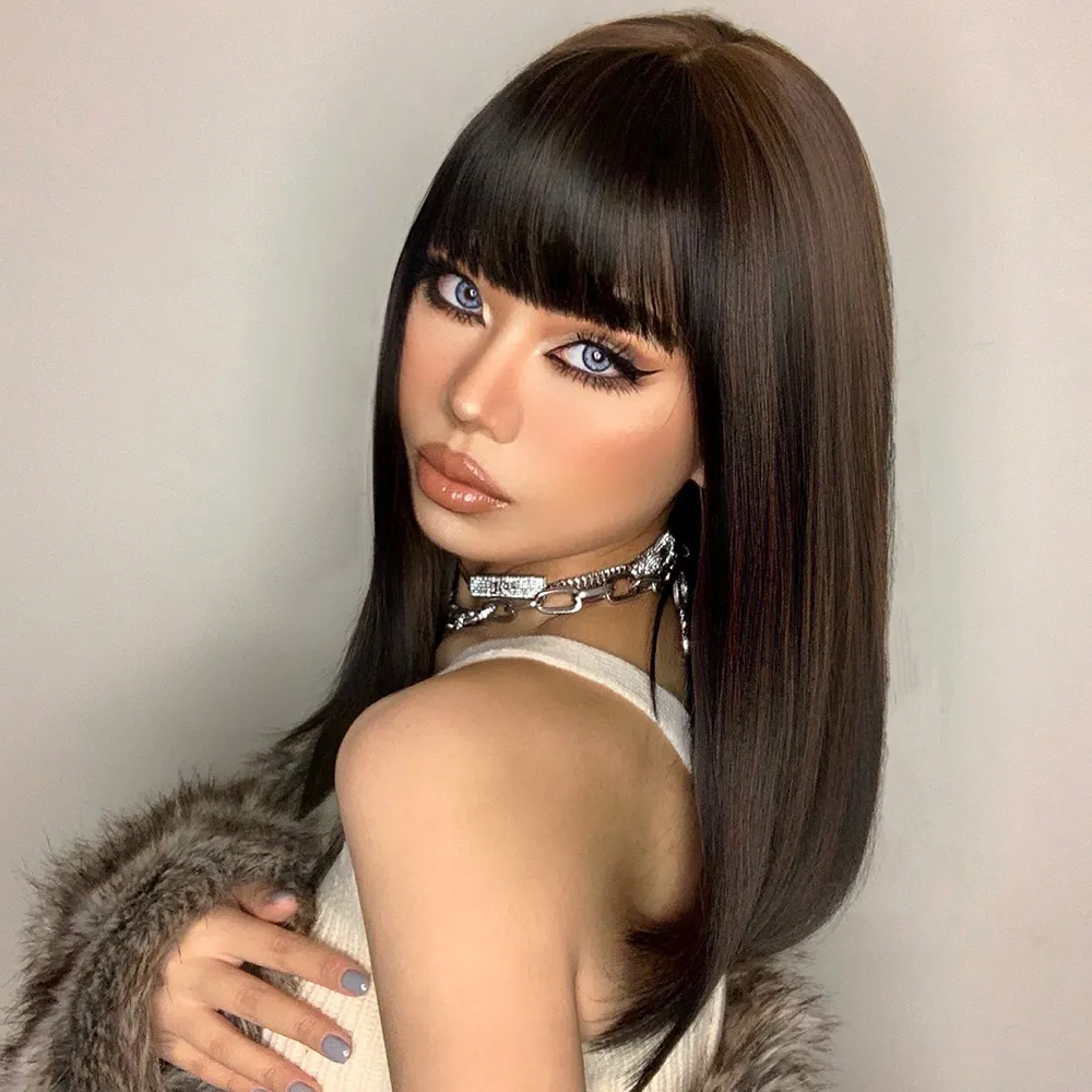 Long Straight Bob Hairstyle Synthetic Straight Hair With Bangs Capless Wigs 18 Inches