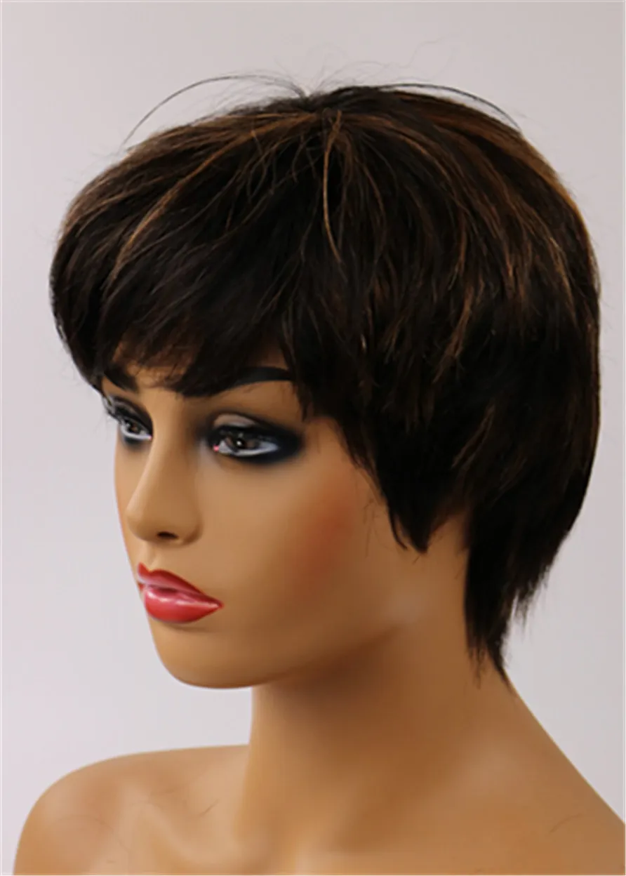 African American Pixie Short Straight Human Hair Capless Wigs