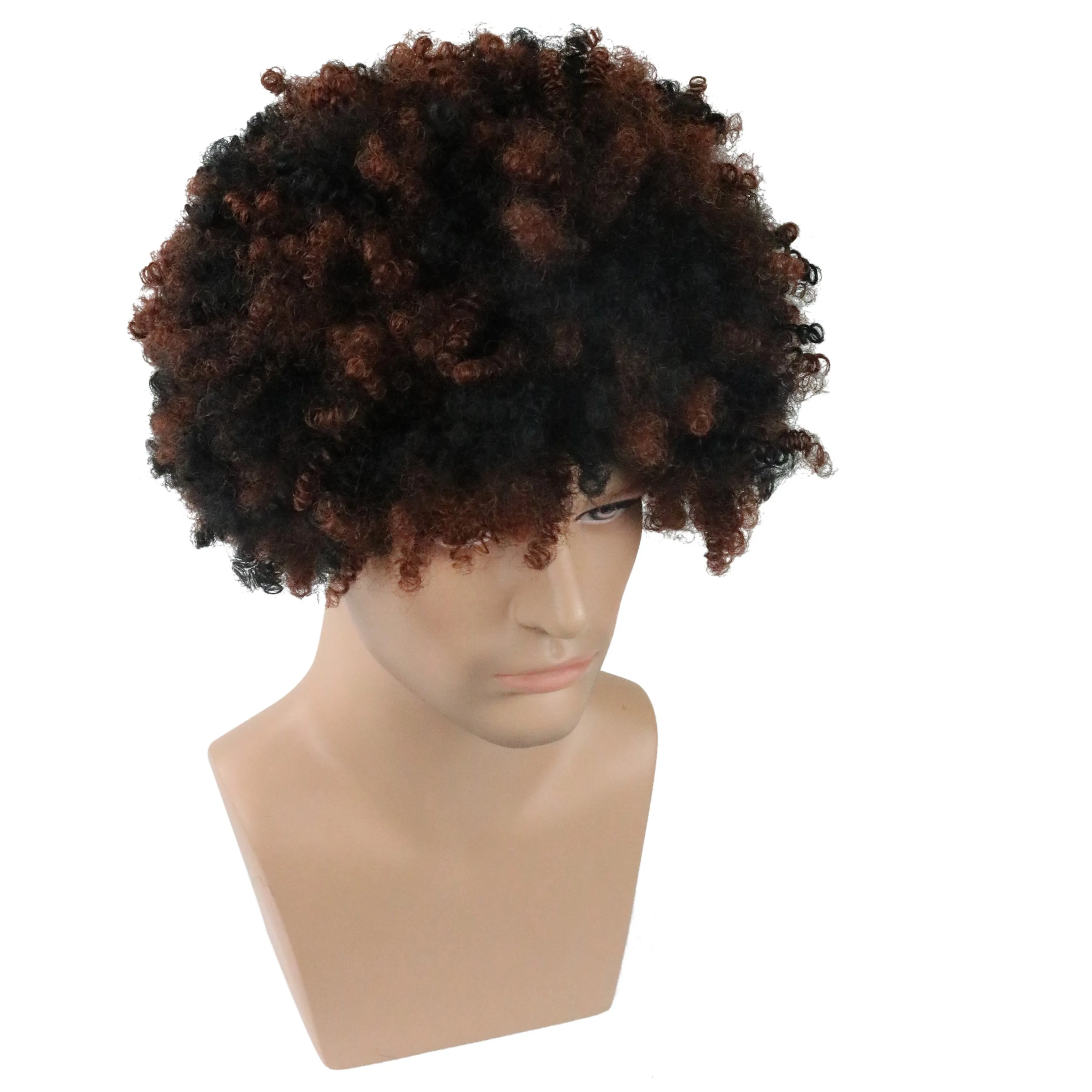 Men's Short Afro Curly Synthetic Hair Capless Wigs Black&Brown Mixed Color 12inch