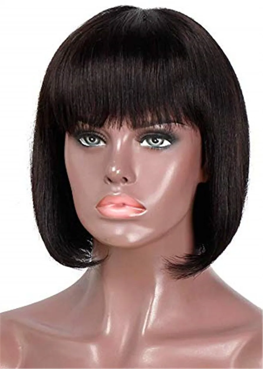 Short Bob Cut Straight Human Hair With Bangs Lace Front Wig 14 Inches