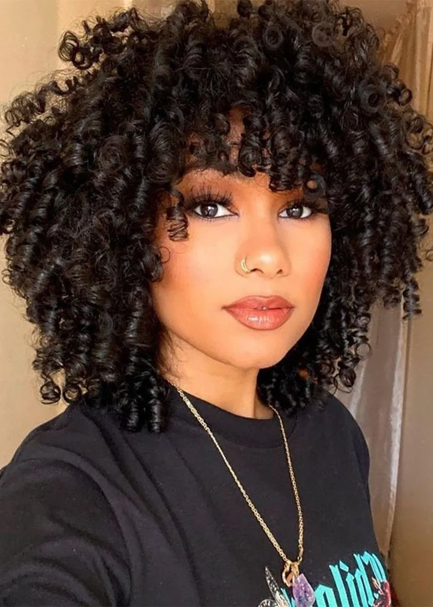 African American Women's Medium Curly Human Hair Capless Wigs With Bangs 16Inch