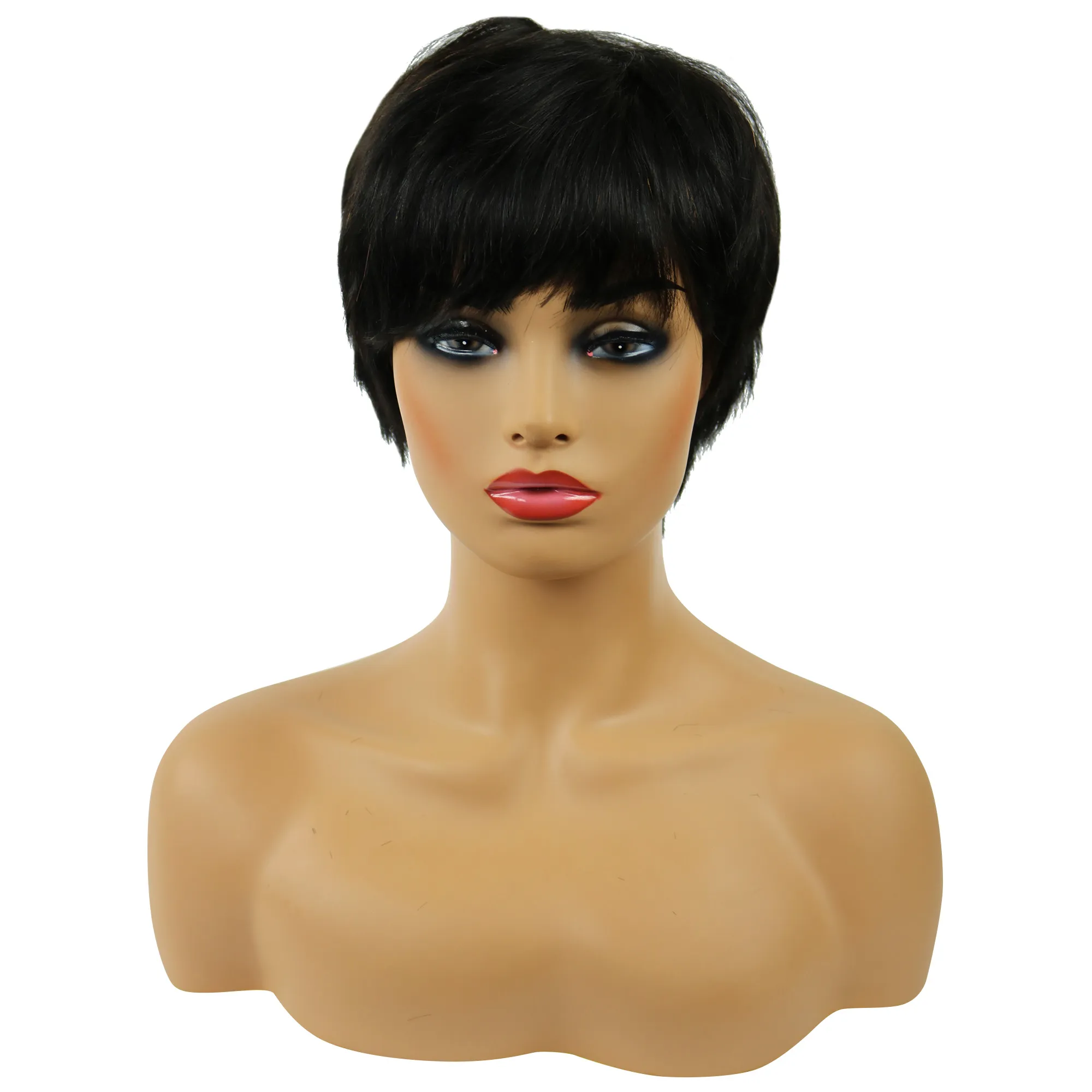 African American Pixie Short Straight Human Hair Capless Wigs