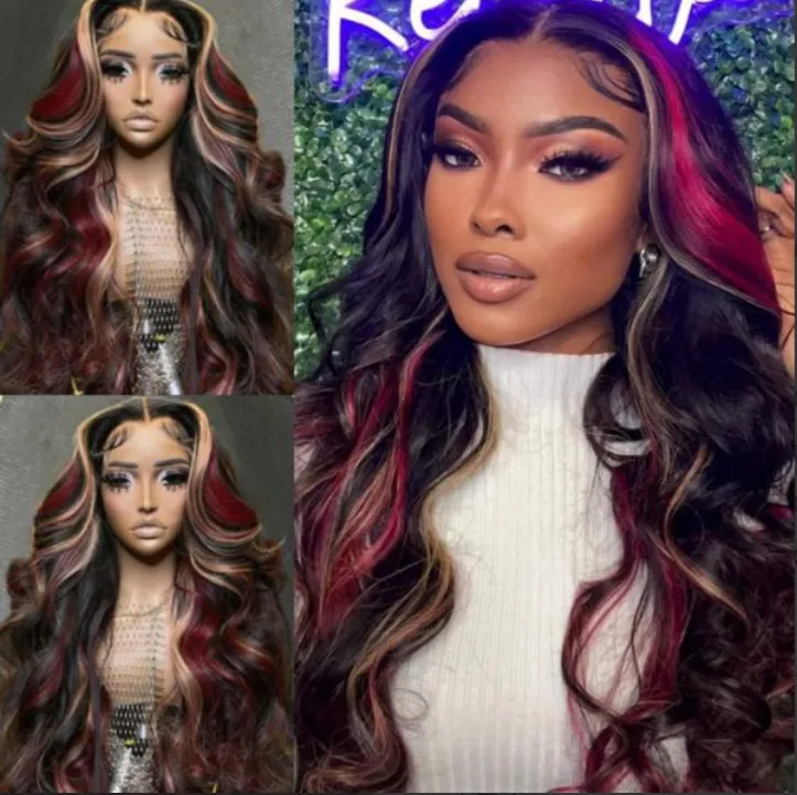 Black With Red & Blonde Highlights Human Hair Wigs Body Wave 13x4 Lace Front Wig