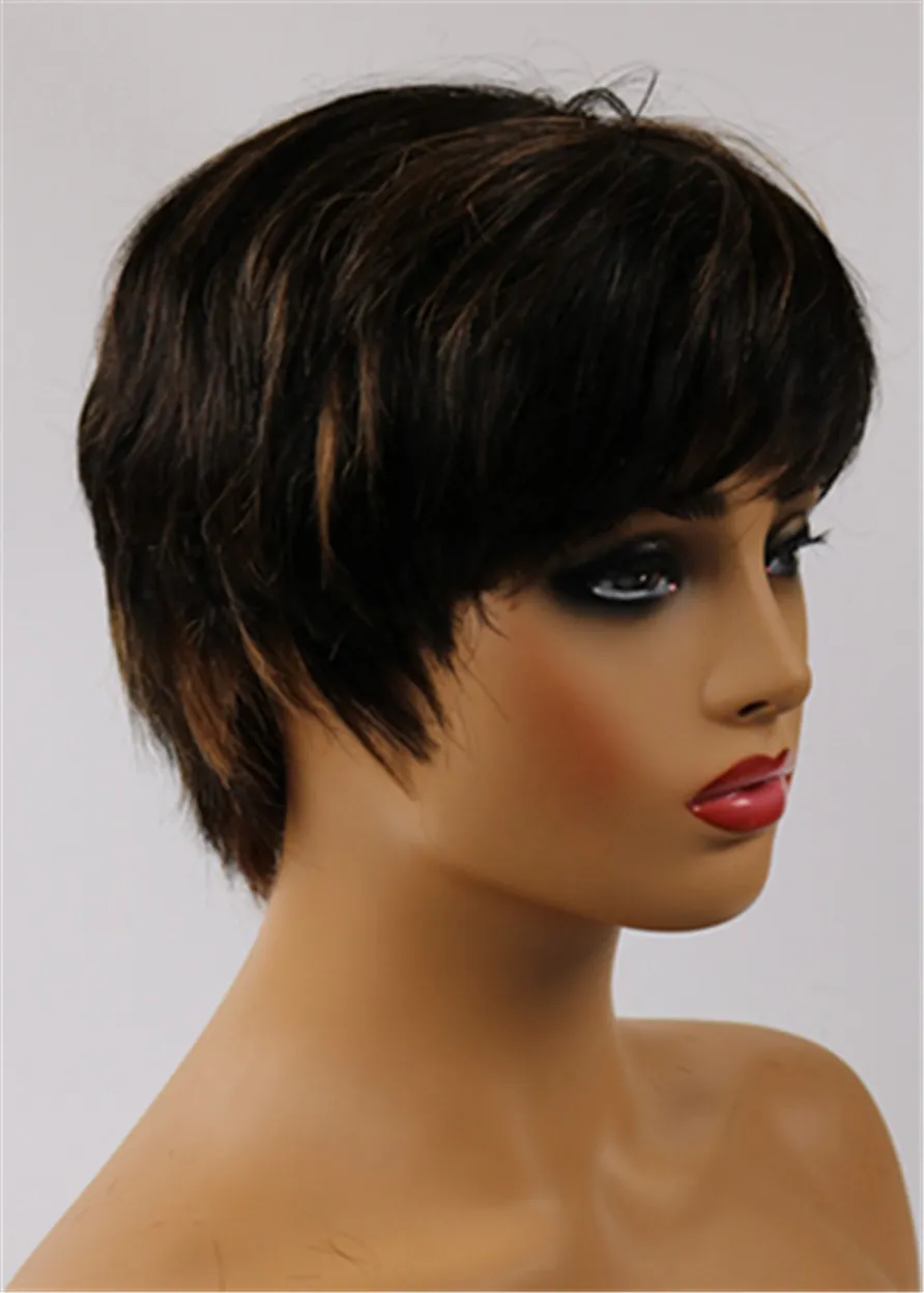 African American Pixie Short Straight Human Hair Capless Wigs