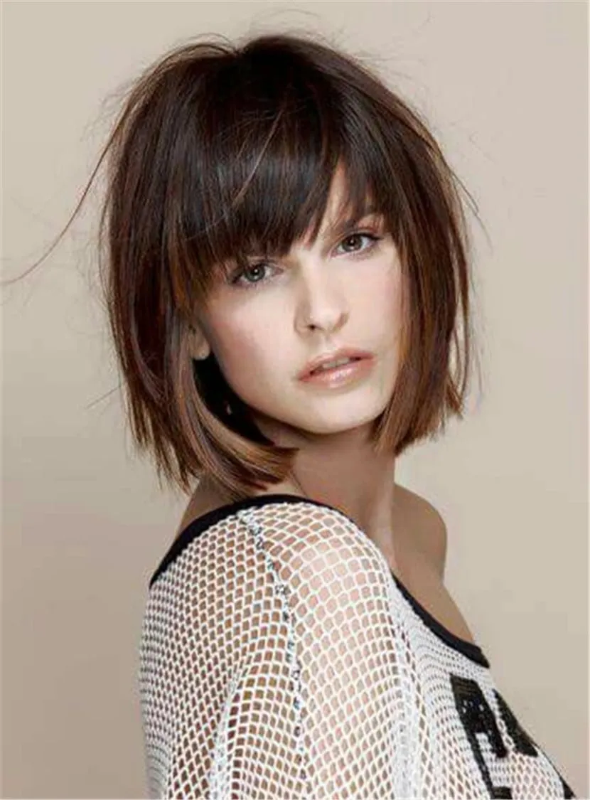 Short Straight Bob With Bangs Human Hair Capless Wig 8 Inches