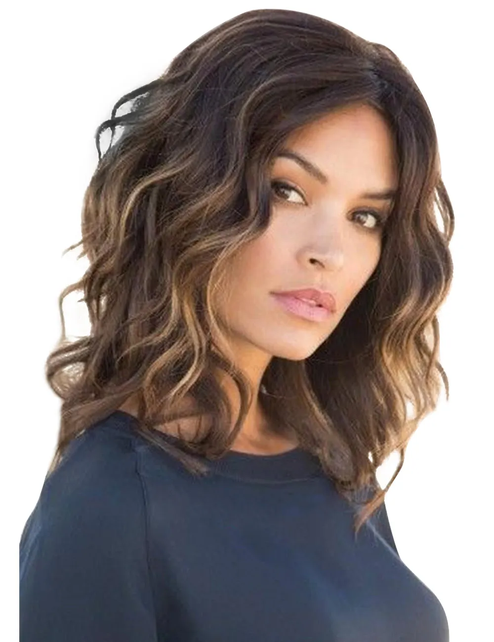 Balayage Hair Cut Medium Bob Wavy Synthetic Hair Women Wig