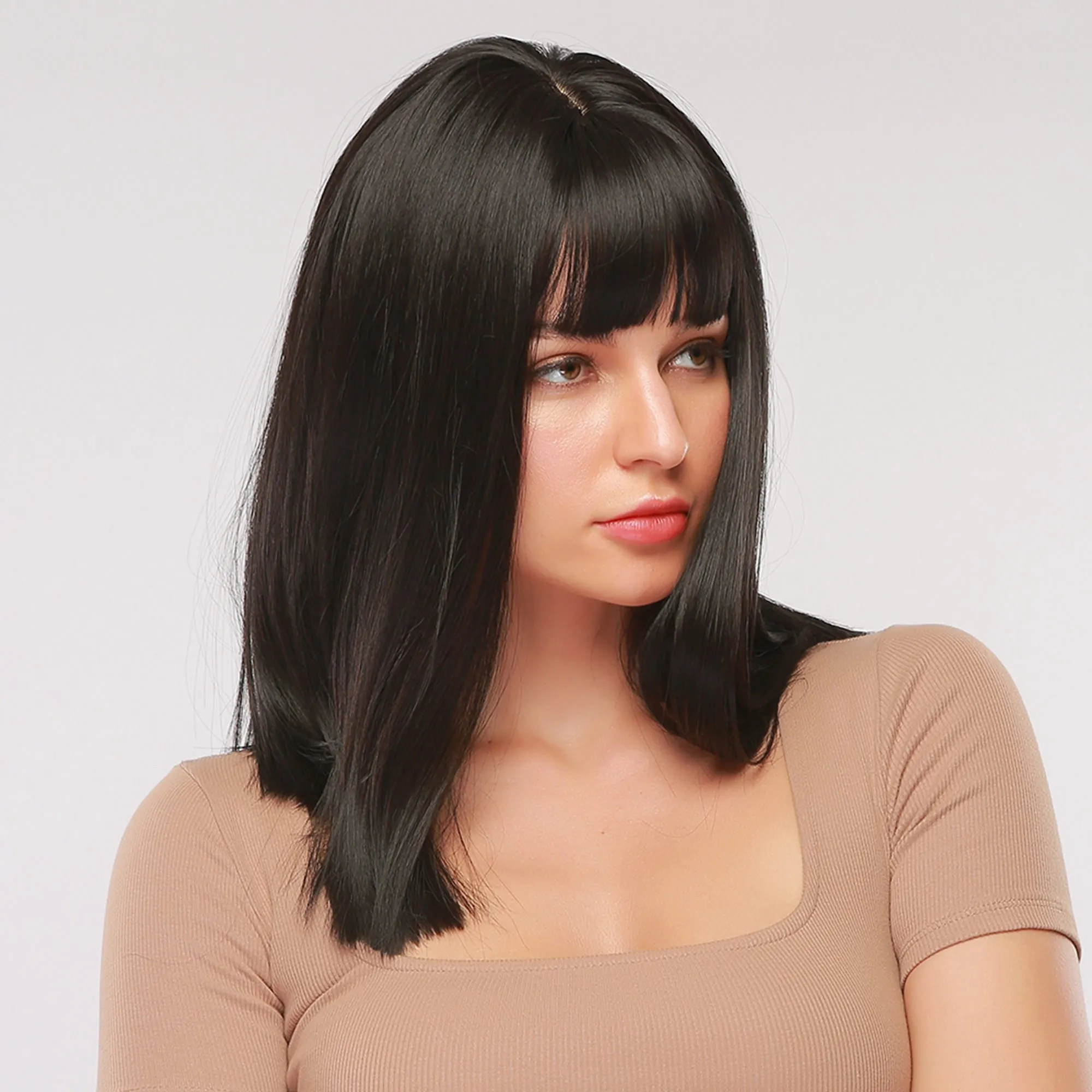 Long Straight Bob Synthetic Hair Wig With Bangs Capless Wig 16 Inches