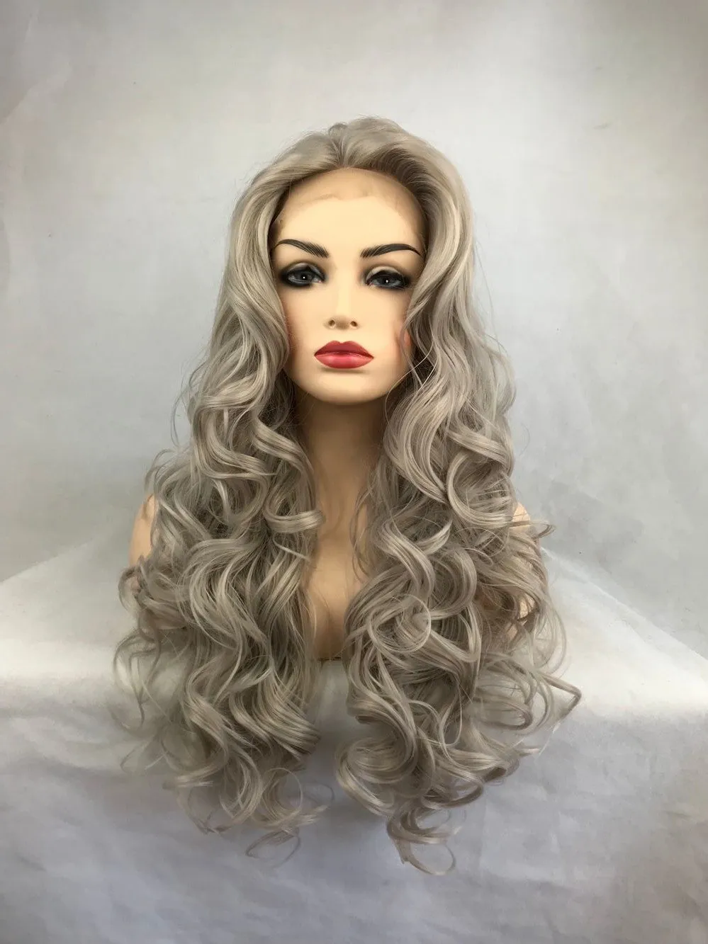 Long Grey Curly Synthetic Hair Lace Front Wig 32 Inches